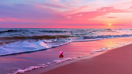 This stunning image captures a pink heart on a sandy beach during sunset, surrounded by gentle waves and a colorful sky, evoking feelings of love and tranquility.の素材