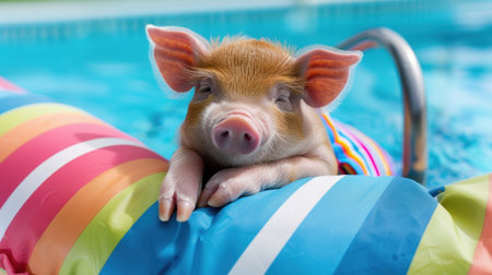 This charming image captures a cute piglet lounging on a colorful pool float, basking in the summer sunshine by sparkling blue water, radiating joy.の素材