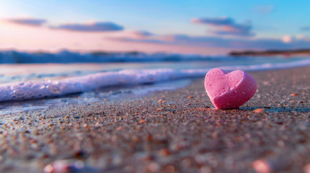 A pink heart-shaped rock rests on a sandy beach, surrounded by gentle waves. The colorful sunset sky enhances the tranquil atmosphere, evoking feelings of love.の素材