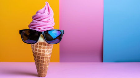 A whimsical ice cream cone features a pink swirl topped with stylish sunglasses, set against a vibrant and colorful backdrop, perfect for summer vibes.の素材