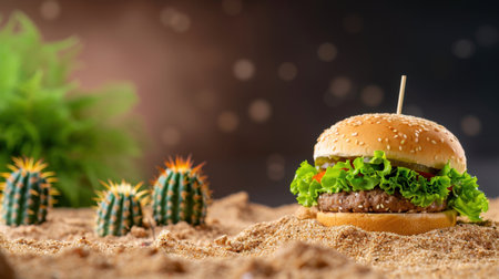 A mouthwatering hamburger sits on a sandy surface, decorated with fresh lettuce and a sliced tomato, surrounded by small cacti in a warm, inviting setting.の素材