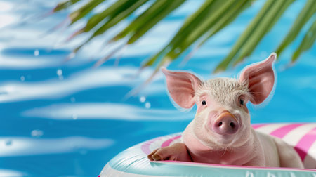 A charming piglet floats playfully on a pink and white inflatable in bright blue water, surrounded by tropical greens, creating a vibrant summer scene.の素材