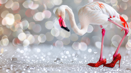 A whimsical scene featuring a flamingo striking a pose in sparkling red high heels, set against a beautifully blurred bokeh background, showcasing creativity and elegance.の素材