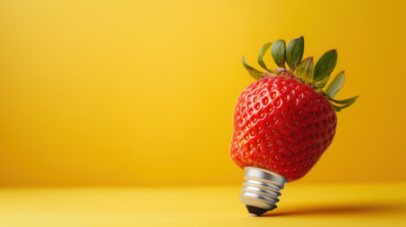 This vibrant image features a strawberry shaped like a light bulb, symbolizing creativity and innovative ideas. The vivid yellow background enhances its playful design, perfect for projects focused on fresh concepts.の素材