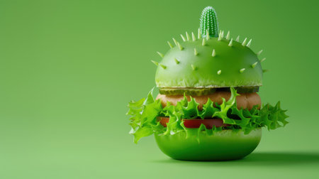 This imaginative 3D rendering showcases a unique green burger featuring cactus spikes and fresh lettuce, set against a vibrant green backdrop, perfect for creative food concepts.の素材