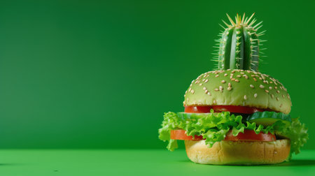This imaginative burger features a cactus as the topping, set against a vivid green background, showcasing playful culinary creativity and artful food design.の素材