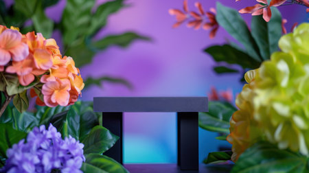 A vibrant floral arrangement featuring a sleek pedestal stand surrounded by a variety of colorful leaves and blossoms, creating a cheerful atmosphere.の素材