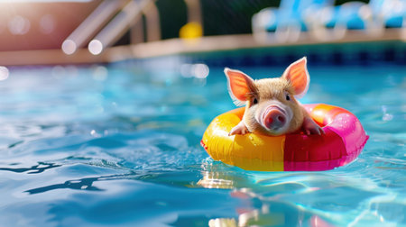 A charming piglet relaxes on a colorful float in a swimming pool, soaking up the sunlight. This delightful scene captures the essence of summer fun and relaxation.の素材
