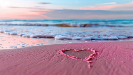 A romantic heart shape drawn in soft pink sand, with gentle waves lapping against the shore under a stunning sunset sky. The peaceful atmosphere evokes love and tranquility.の素材