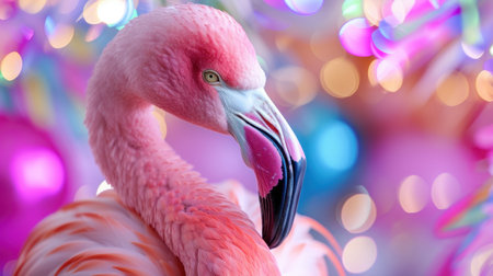 This captivating image features a close-up portrait of a pink flamingo, showcasing its elegant profile against a colorful bokeh backdrop filled with festive holiday lights and decorations.の素材