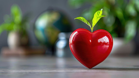 A striking red heart-shaped pot features a young green plant, representing love and growth in a soothing indoor space. Ideal for wellness and inspiration.の素材