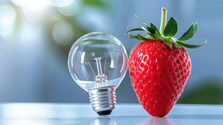 A captivating arrangement featuring a light bulb and a fresh strawberry, highlighting the dynamic contrast between nature's beauty and modern innovation.の素材