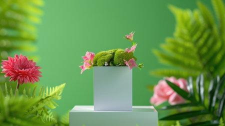 This enchanting tabletop scene features lush greenery and colorful flowers, enhanced by delicate butterflies on a white pedestal, creating a serene atmosphere.の素材