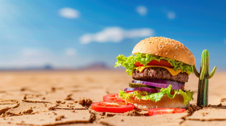 A vibrant and appetizing burger rests on the sandy desert floor, surrounded by a clear blue sky and a solitary cactus, evoking a unique culinary adventure.の素材