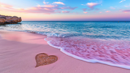 This beautiful sunset beach scene captures a heart shape drawn in the soft sand, with gentle waves lapping the shoreline under a colorful sky.の素材