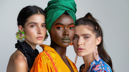 This captivating image features a group of diverse women displaying unique fashion styles with vibrant colors, showcasing beauty, creativity, and individuality in a studio setting.の素材