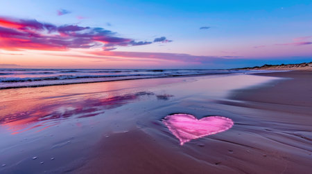 A stunning heart shape crafted from pink sand rests on a tranquil beach during sunset, reflecting vibrant colors in the serene water, capturing love and beauty.の素材