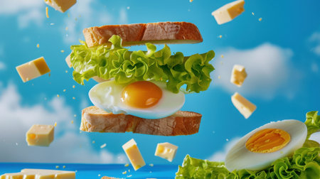 This vibrant image features a floating sandwich with fresh ingredients, including toast, egg, lettuce, and cheese cubes against a bright blue sky.の素材
