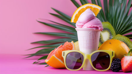 A delightful composition featuring a scoop of pink ice cream in a cup, surrounded by fresh fruits and stylish sunglasses. Perfect for summer themes.の素材
