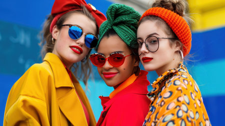 A lively image showcasing three stylish young women exuding confidence and charm through bold fashion choices and vibrant accessories, set against a colorful backdrop.の素材