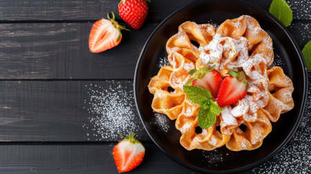 A beautifully arranged waffle garnished with fresh strawberries and mint leaves, dusted with powdered sugar, creating an inviting dessert presentation.の素材