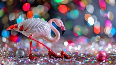 A colorful flamingo figurine with stylish high heels stands on a sparkly surface adorned with vibrant bokeh lights, perfect for festive celebrations.の素材