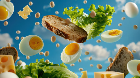 A captivating image showcasing fresh ingredients like eggs, bread, cheese, and greens. Perfect for highlighting nutritious meal ideas and healthy cooking inspirations.の素材