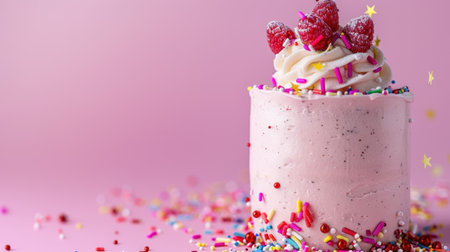 An eye-catching pink cake topped with creamy whipped cream, fresh raspberries, and vibrant sprinkles, perfect for celebrations and sweet moments.の素材
