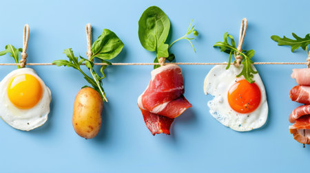 A vibrant display of fresh culinary ingredients, including eggs, potatoes, greens, and meats, presented hanging on twine against a bright blue background.の素材
