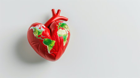 This vibrant image features a red heart creatively adorned with a world map, representing love for the planet and unity among humanity. It symbolizes care and compassion towards the environment, encouraging viewers to reflect on their impact and responsibilities.の素材