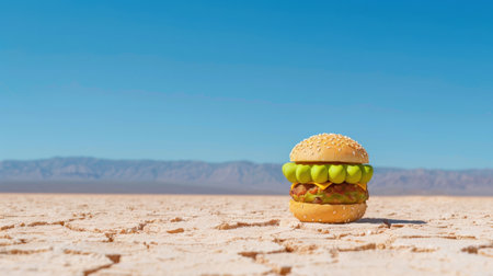 A vibrant hamburger stands prominently in an arid desert landscape, showcasing colorful ingredients against a clear blue sky, offering a unique food photography perspective.の素材