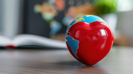 A vibrant heart-shaped globe rests on a desk, symbolizing love for travel and global connections. Ideal for themes of unity, exploration, and education.の素材