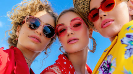 Three fashionable women pose with vibrant sunglasses on a sunny day, radiating joy and friendship against a clear blue sky backdrop.の素材