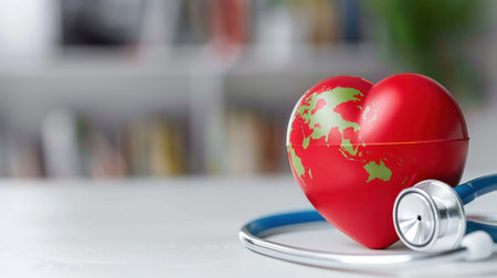 A vibrant red heart with a world map, accompanied by a stethoscope, represents the theme of global health and wellness. Ideal for medical and health-related projects.の素材