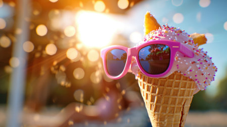 A vibrant ice cream cone wearing pink sunglasses captures the essence of summer fun. Colorful sprinkles add joy to the scene, creating a refreshing treat.の素材