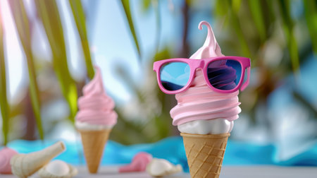 This vibrant summer scene features an ice cream cone with a pink swirl, playfully adorned with trendy sunglasses, set against a sunny beach backdrop.の素材