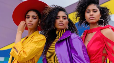 Three fashionable women exude confidence and creativity with their vibrant outfits and unique hairstyles, capturing attention against a colorful backdrop.の素材
