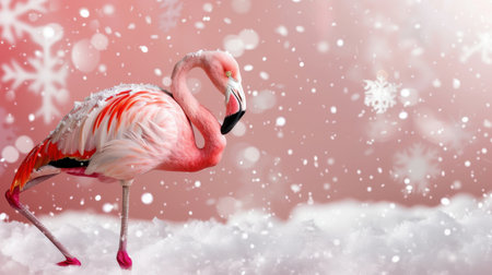 A stunning pink flamingo stands gracefully in a snowy landscape, surrounded by gently falling snowflakes, creating a whimsical winter scene.の素材