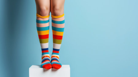 This playful image features a child standing on a pedestal, showcasing colorful striped knee-high socks. The vibrant colors stand out against a soft blue background, creating a cheerful and energetic atmosphere. Perfect for conveying a sense of fun and youth.の素材