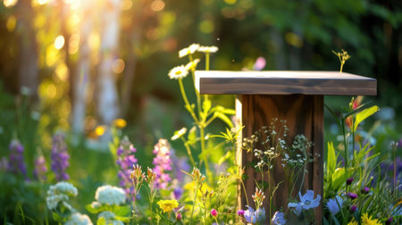 A charming wooden platform is surrounded by an array of colorful wildflowers, illuminated by the soft golden light of sunset. The tranquil scene evokes a sense of peace and connection with nature, perfect for tranquil moments in the garden.の素材