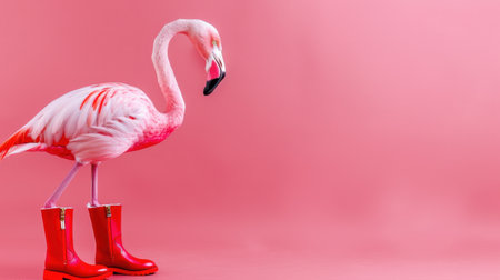 A whimsical flamingo wearing bright red rubber boots stands against a vibrant pink background, showcasing a playful and stylish twist on animal photography.の素材