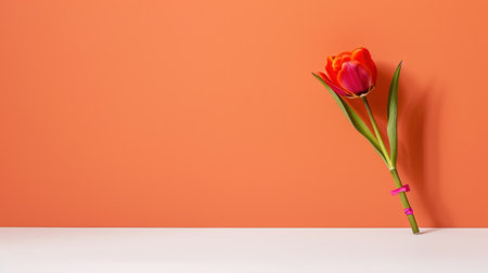 A stunning red tulip stands alone against a coral orange background, creating a beautiful contrast. Ideal for spring themes, floral arrangements, and minimalist decoration.の素材