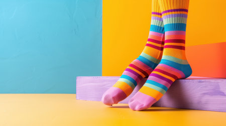 This image showcases colorful striped socks resting on a vibrant geometric background. The playful design and bright colors evoke a sense of fun and warmth, perfect for creative projects or fashion-related themes.の素材