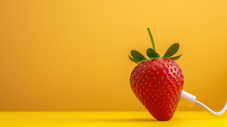 A vibrant strawberry appears with a charging cable, set against a bright yellow background, symbolizing a fusion of nature and technology. Perfect for modern creative projects.の素材