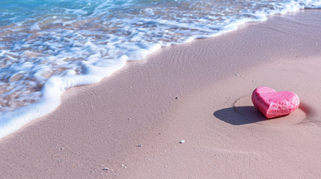 A charming heart-shaped pink object rests on soft pink sand, surrounded by gentle ocean waves, creating a tranquil and romantic beach scene.の素材