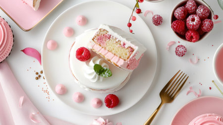 This stylish dessert table features a beautiful pink cake adorned with fresh raspberries, inviting for celebrations and special moments, perfect for any event.の素材
