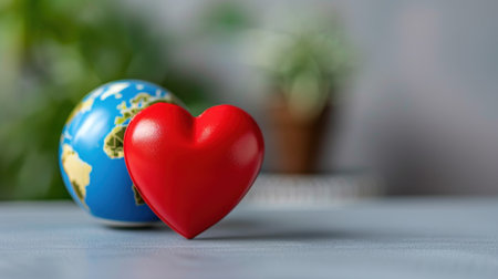 A vibrant red heart rests beside a globe, symbolizing love and compassion in a global context. The soft background highlights unity and connection.の素材