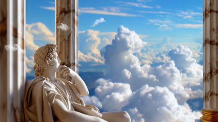 A marble sculpture depicting a thoughtful figure sits amid grand architectural columns, gazing out at a stunning cloud-filled sky, evoking tranquility.の素材