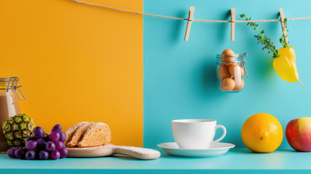 A lively kitchen table setting featuring fresh fruits, eggs, and bread on a vibrant blue and orange backdrop, perfect for a cheerful breakfast or brunch scene.の素材