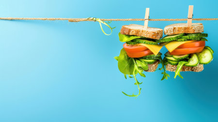 A unique and creative presentation of freshly made sandwiches suspended on a clothesline, showcasing vibrant ingredients against a bright blue background.の素材